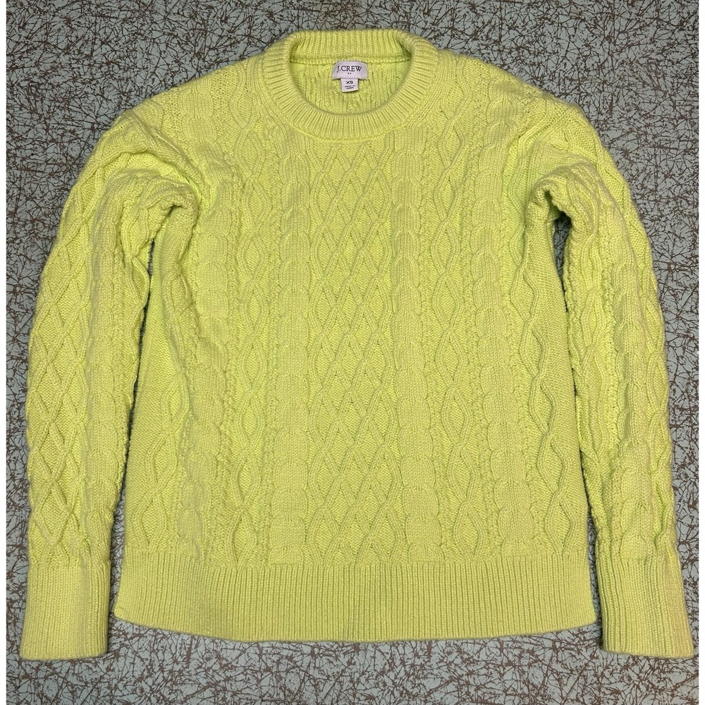 J Crew Bright Yellow Green Cable Knit Crew Neck Sweater Womens XS Preppy Classic